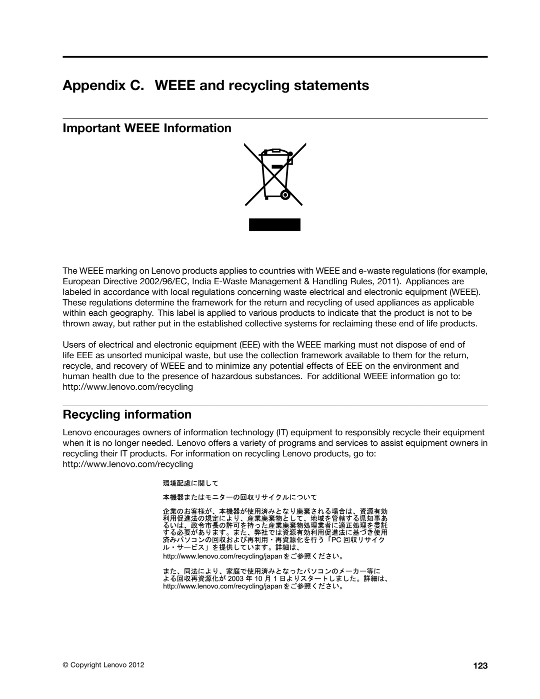 Lenovo 3675, 896, 958 Appendix C. Weee and recycling statements, Important Weee Information, Recycling information, 123 