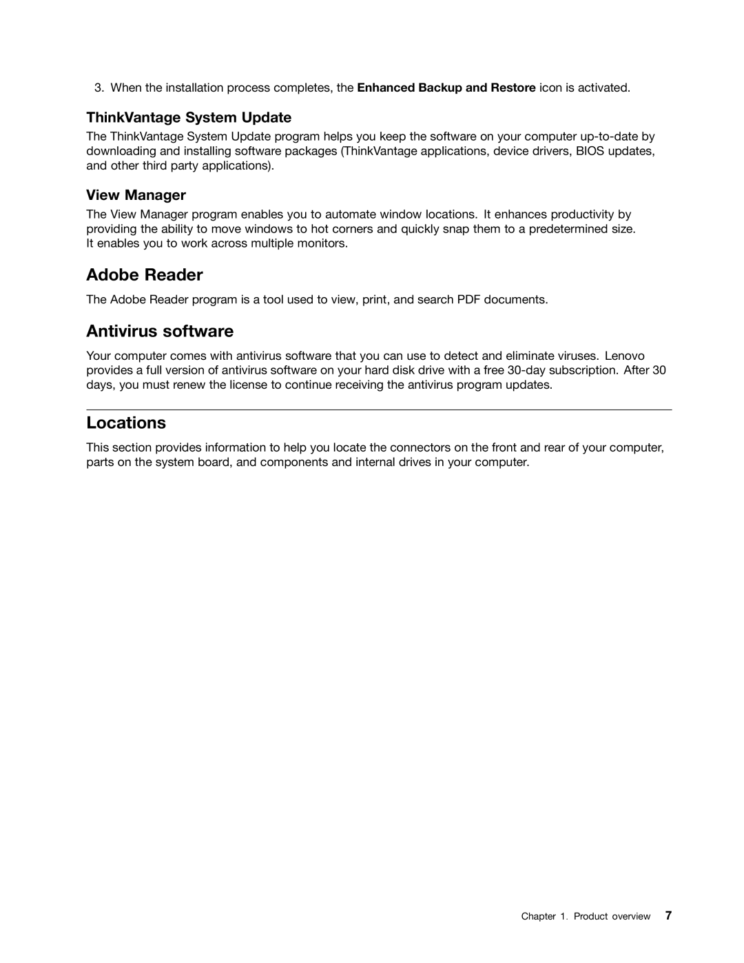Lenovo 3662, 3675, 896, 958, 3665, 3655 Adobe Reader Antivirus software, Locations, ThinkVantage System Update, View Manager 
