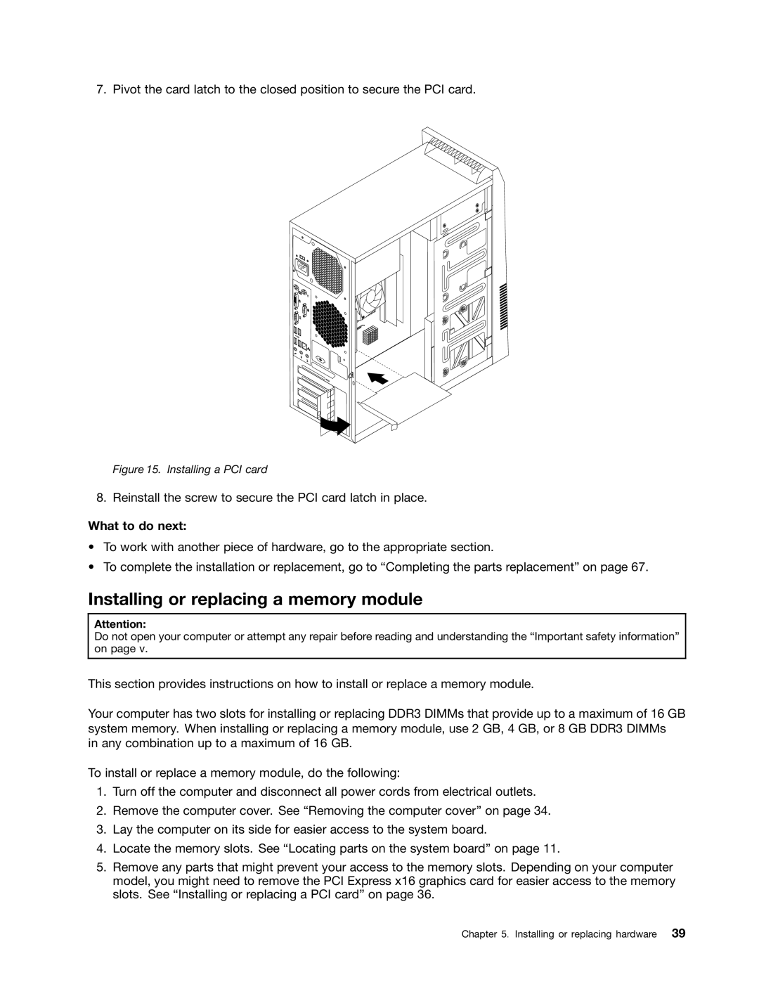 Lenovo 3634, 3675, 896, 958, 3665, 3662, 3655, 3597, 3617, 3593 Installing or replacing a memory module, Installing a PCI card 