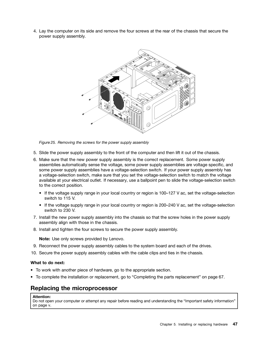 Lenovo 0958B2U, 3675, 896, 3665, 3662, 3655 Replacing the microprocessor, Removing the screws for the power supply assembly 