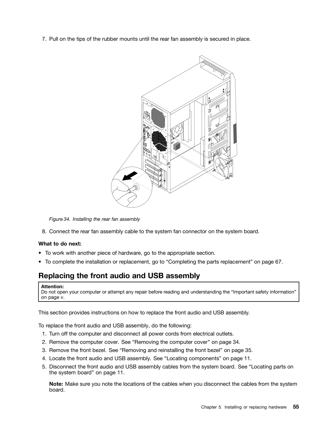 Lenovo 3597, 3675, 896, 958, 3665, 3662, 3655, 3634 Replacing the front audio and USB assembly, Installing the rear fan assembly 