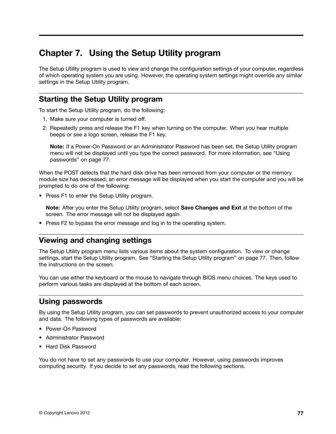 Lenovo 0958B2U, 3675 Using the Setup Utility program, Starting the Setup Utility program, Viewing and changing settings 