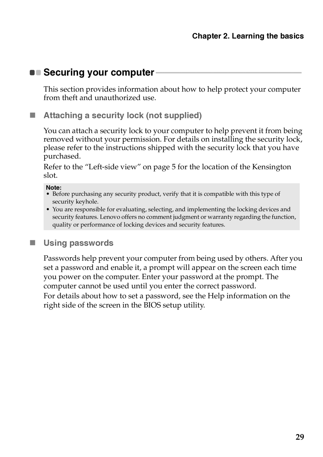 Lenovo G585, 367927U, 37012PU, 59359143, 59359680, G780, G580, G485 „ Attaching a security lock not supplied, „ Using passwords 