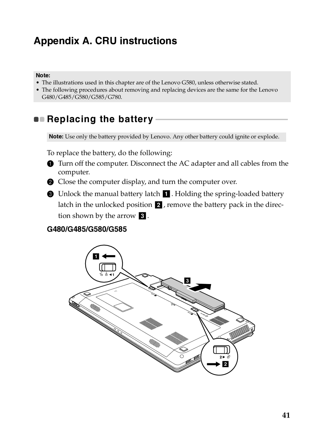 Lenovo 367927U, 37012PU, 59359143, 59359680, G780 manual Appendix A. CRU instructions, G480/G485/G580/G585 