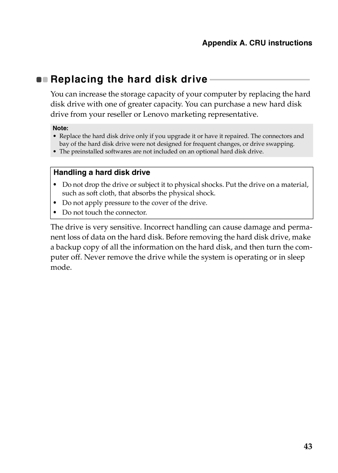 Lenovo 59359143, 367927U, 37012PU, 59359680, G780, G580, G585, G485 Replacing the hard disk drive, Handling a hard disk drive 