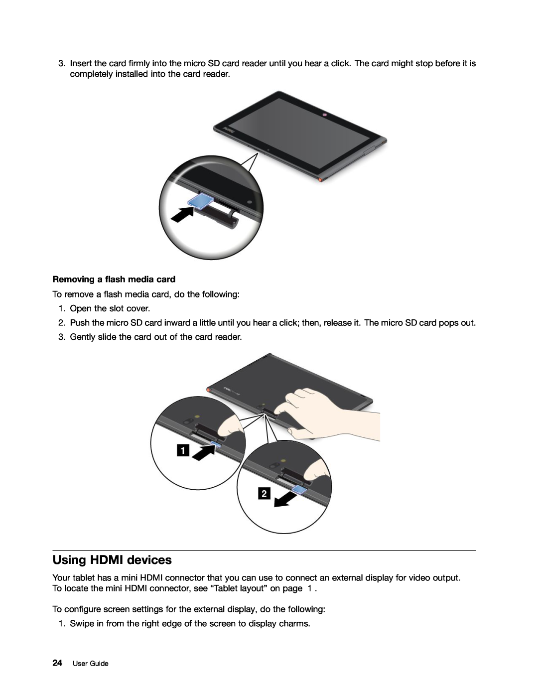 Lenovo 367923U, 36822AU, 368229U, 368222U, 36795YU, 368228U, 36795MU, 36794JU Using HDMI devices, Removing a flash media card 