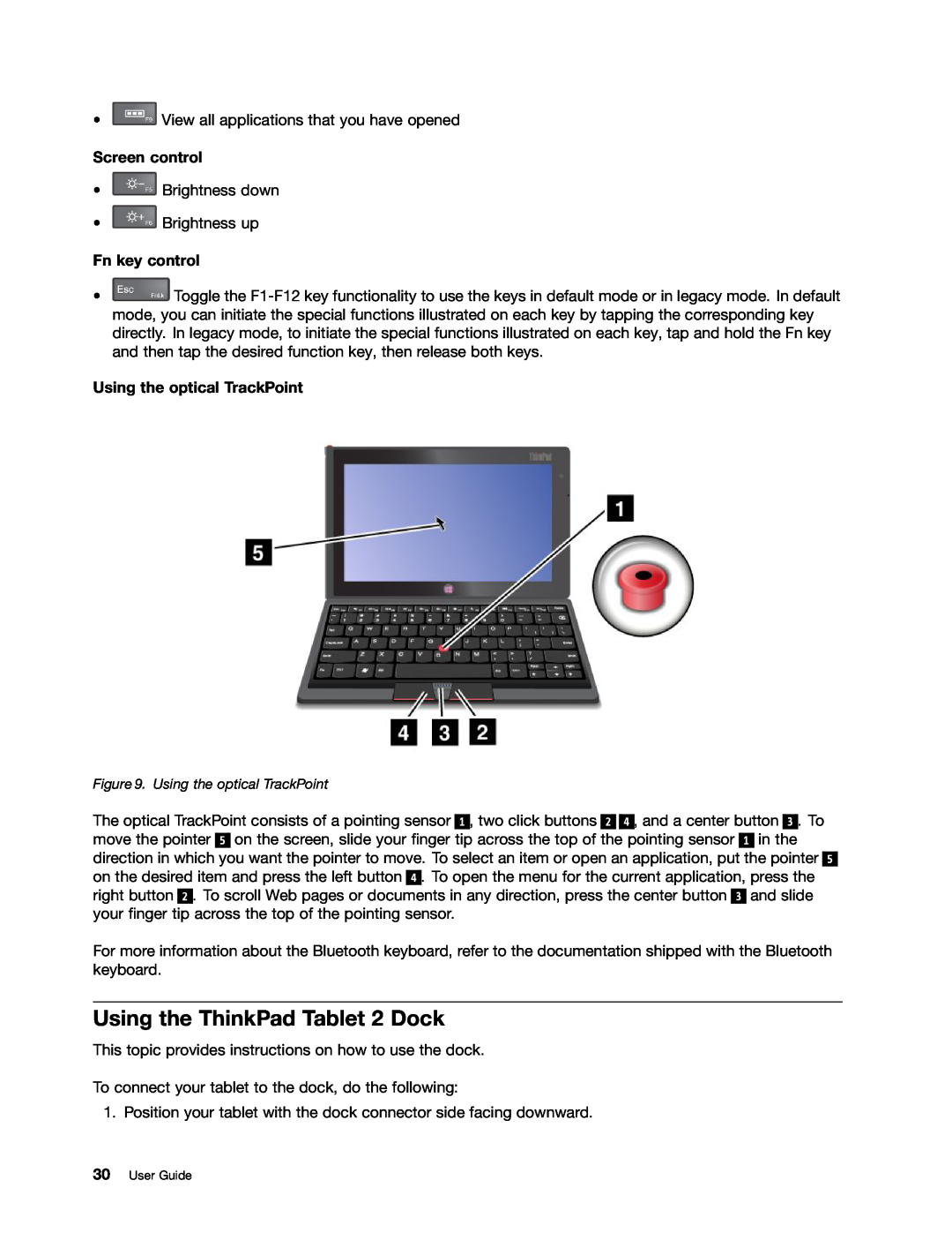 Lenovo 36795MU, 36822AU Using the ThinkPad Tablet 2 Dock, Screen control, Fn key control, Using the optical TrackPoint 