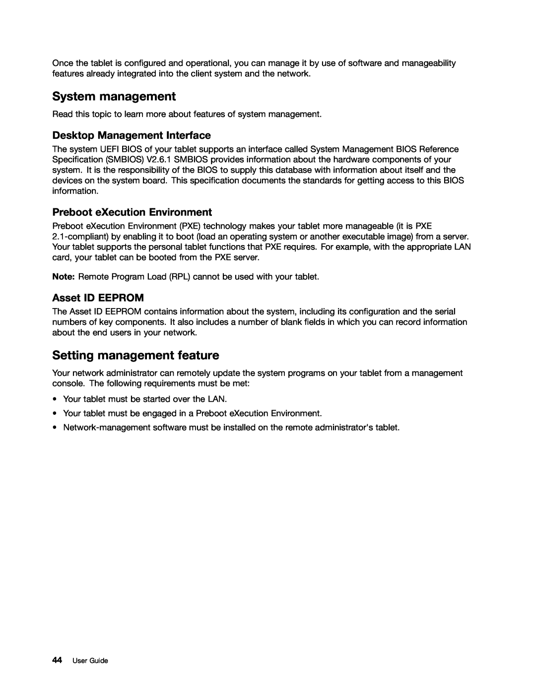 Lenovo 367922U System management, Setting management feature, Desktop Management Interface, Preboot eXecution Environment 