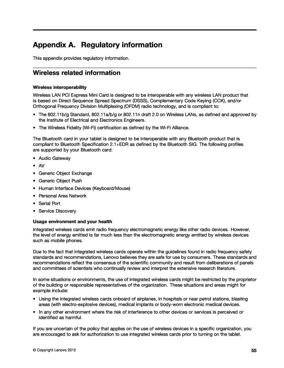 Lenovo 367922U, 36822AU manual Appendix A. Regulatory information, Wireless related information, Wireless interoperability 