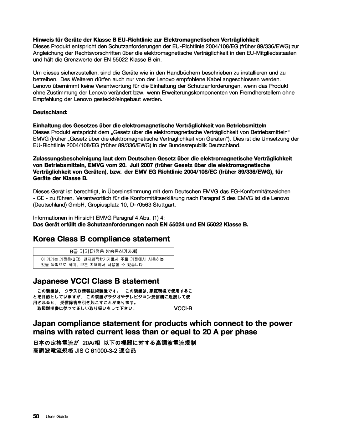 Lenovo 36822AU, 368229U, 368222U, 36795YU Korea Class B compliance statement Japanese VCCI Class B statement, Deutschland 