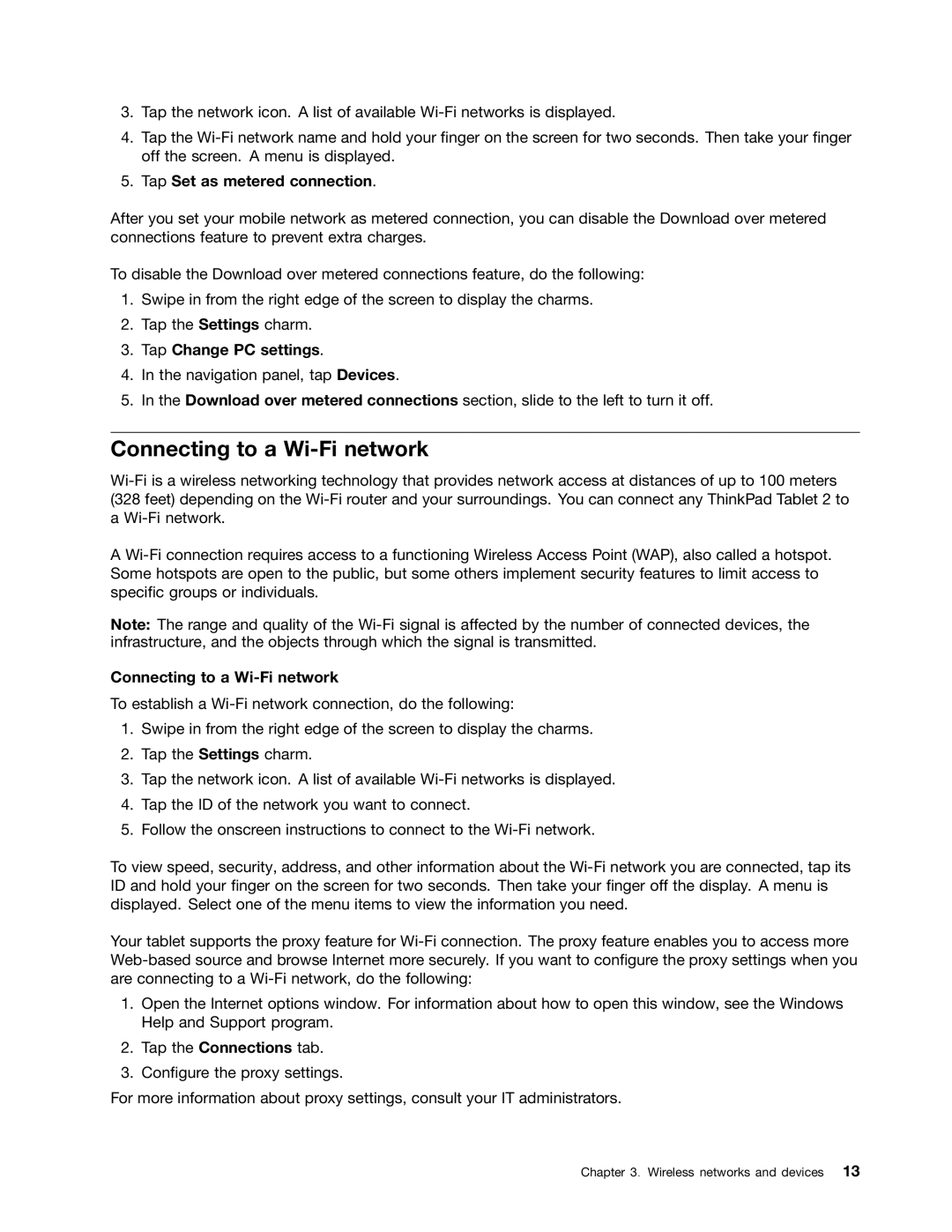 Lenovo 367923U, 36822AU, 368229U manual Connecting to a Wi-Fi network, Tap Set as metered connection, Tap Change PC settings 