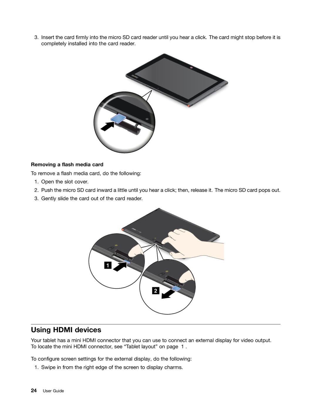 Lenovo 367923U, 36822AU, 368229U, 368222U, 36795YU, 368228U, 36795MU, 36794JU Using Hdmi devices, Removing a flash media card 