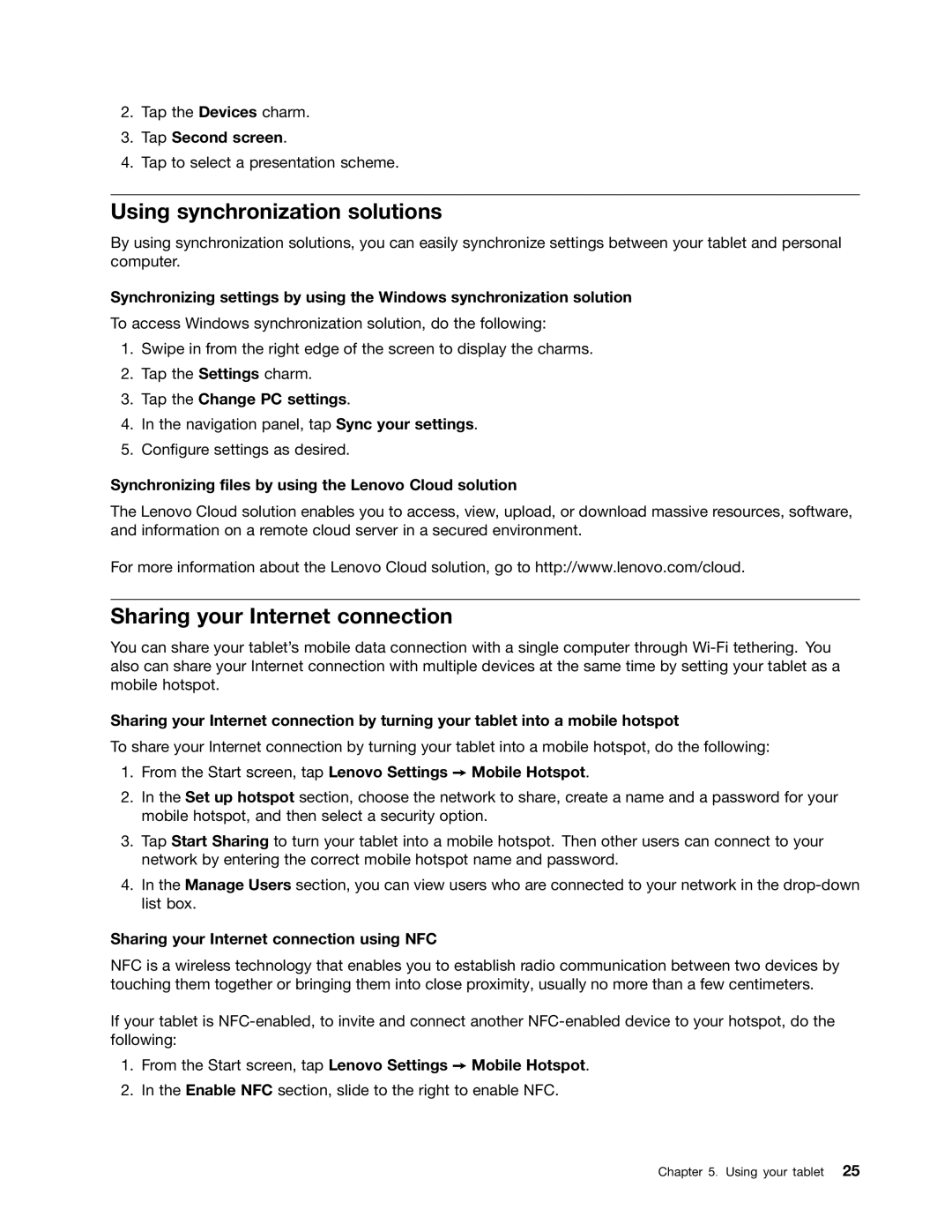 Lenovo 36822AU, 368229U, 368222U, 36795YU, 368228U, 36795MU Using synchronization solutions, Sharing your Internet connection 