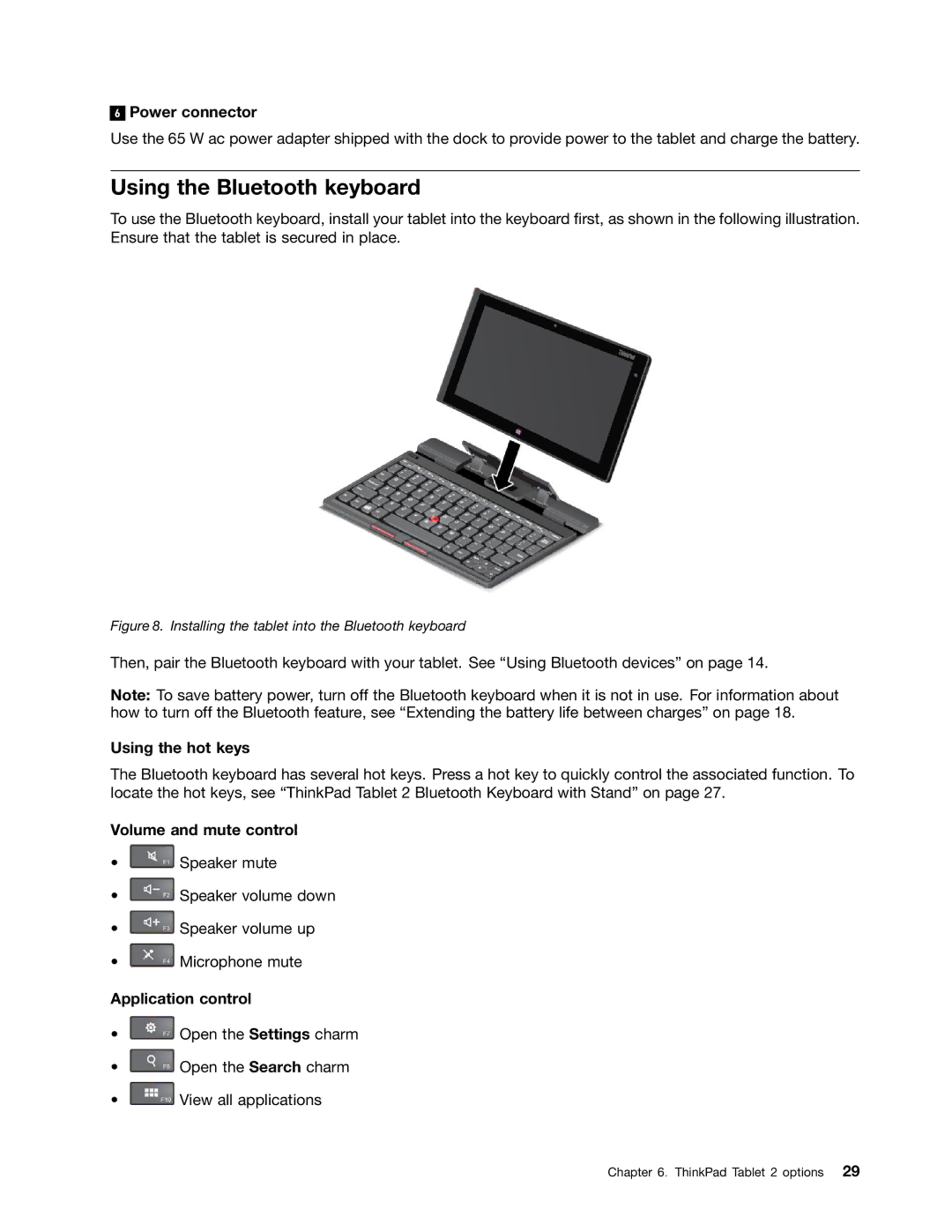 Lenovo 368228U, 36822AU, 368229U Using the Bluetooth keyboard, Power connector, Using the hot keys, Volume and mute control 