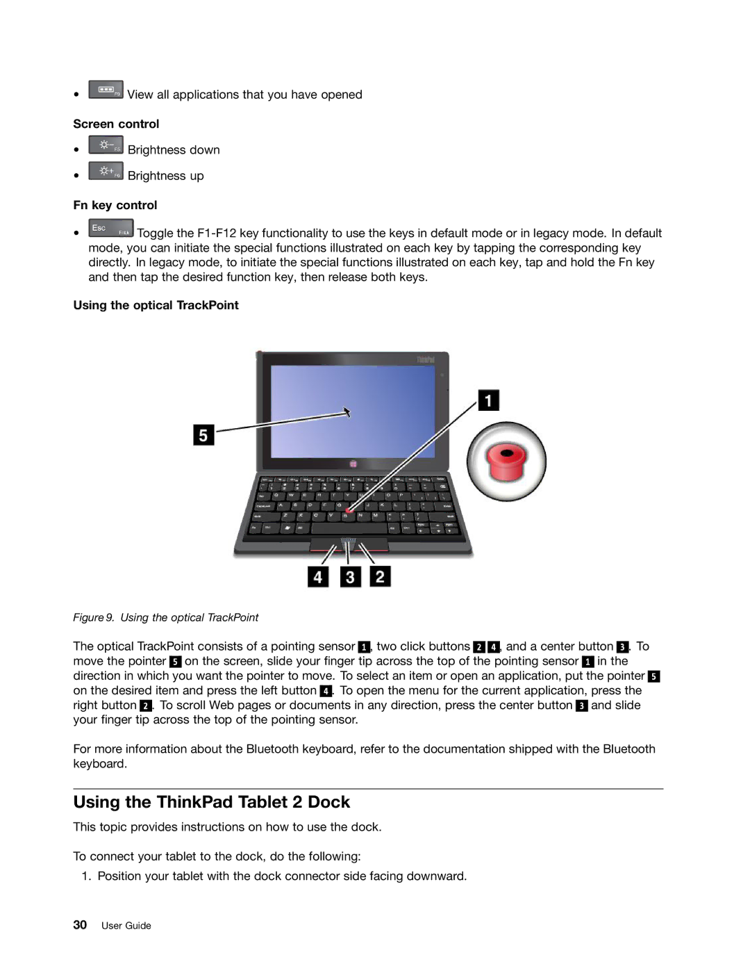 Lenovo 36795MU, 36822AU Using the ThinkPad Tablet 2 Dock, Screen control, Fn key control, Using the optical TrackPoint 