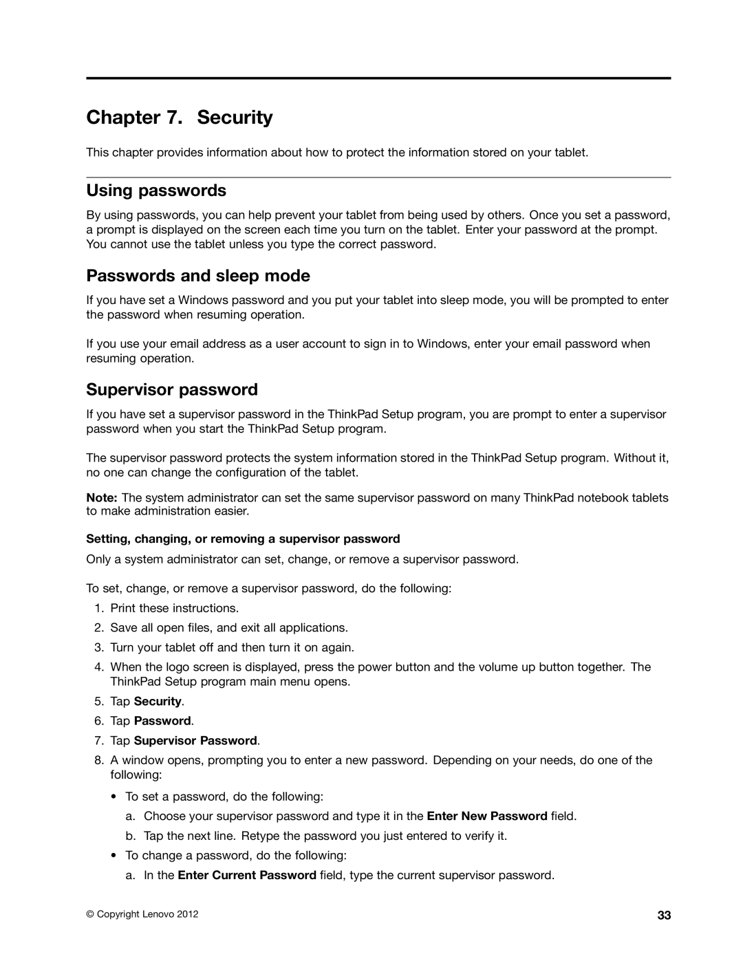 Lenovo 367922U, 36822AU, 368229U, 368222U, 36795YU Security, Using passwords, Passwords and sleep mode, Supervisor password 