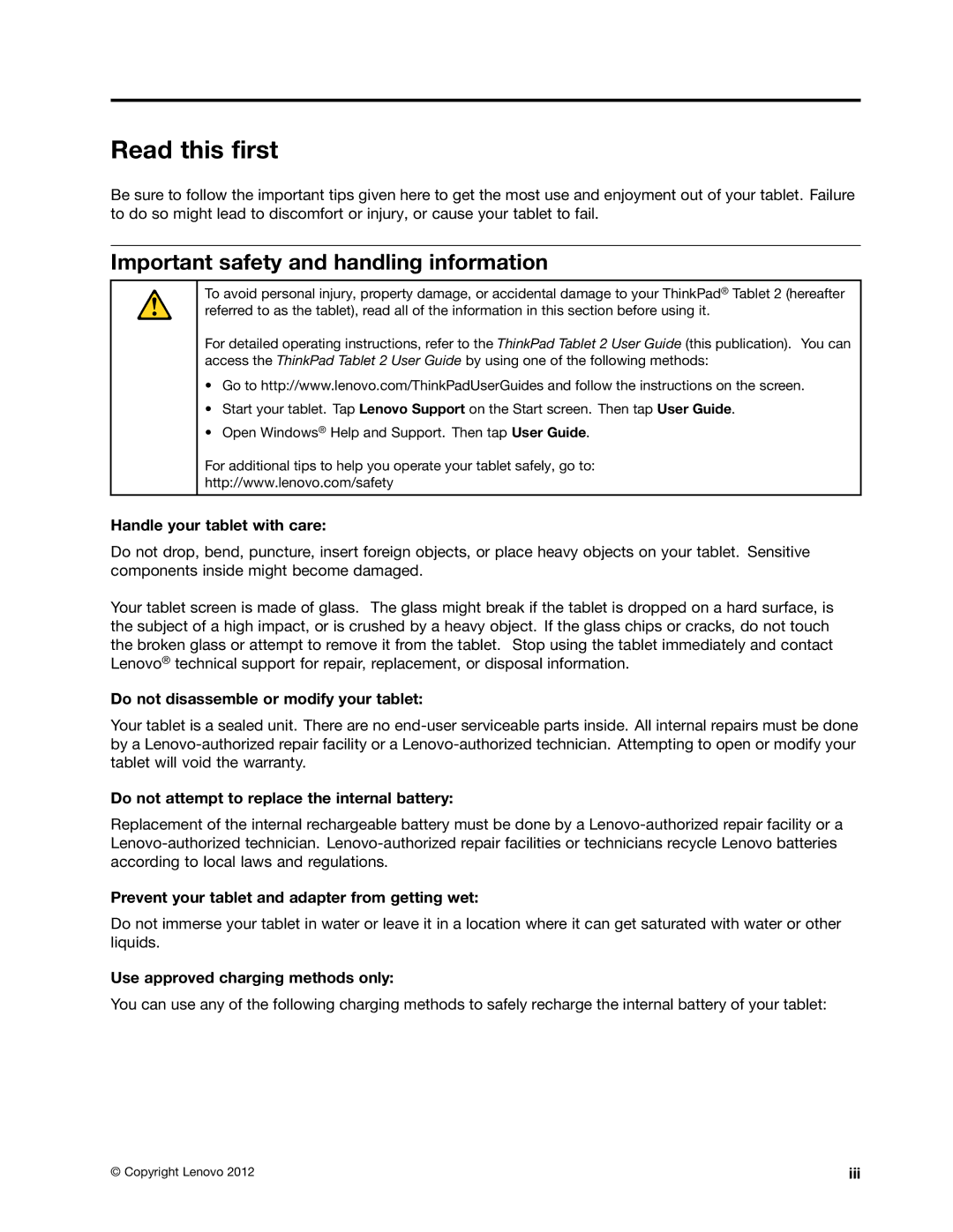 Lenovo 36795MU, 36822AU, 368229U, 368222U, 36795YU, 368228U, 36794JU Read this first, Important safety and handling information 