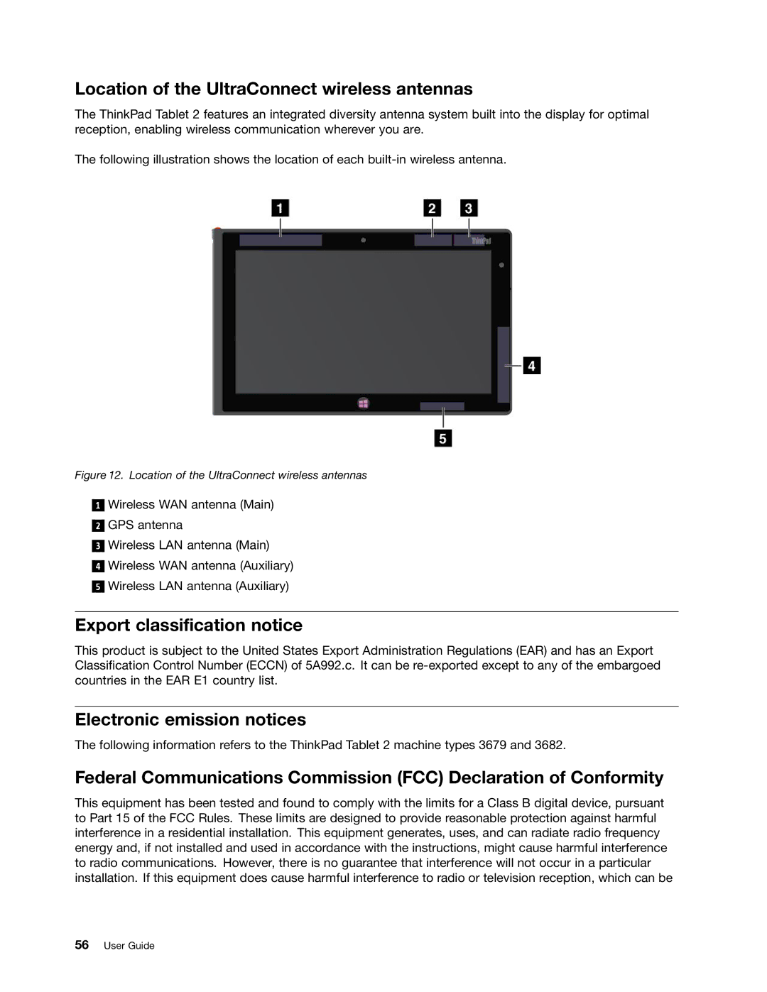 Lenovo 36795HU Location of the UltraConnect wireless antennas, Export classification notice, Electronic emission notices 