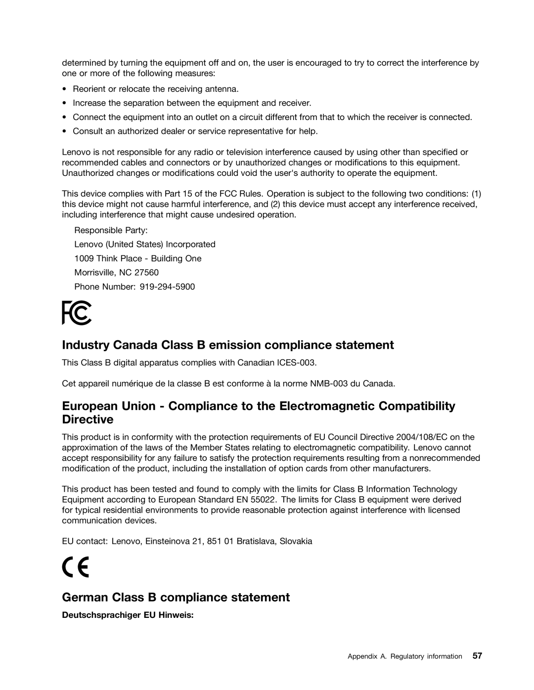 Lenovo 367923U, 36822AU, 368229U Industry Canada Class B emission compliance statement, German Class B compliance statement 