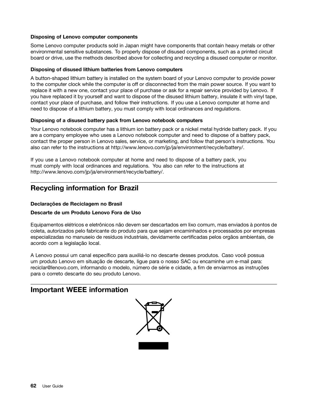 Lenovo 368228U manual Recycling information for Brazil, Important Weee information, Disposing of Lenovo computer components 