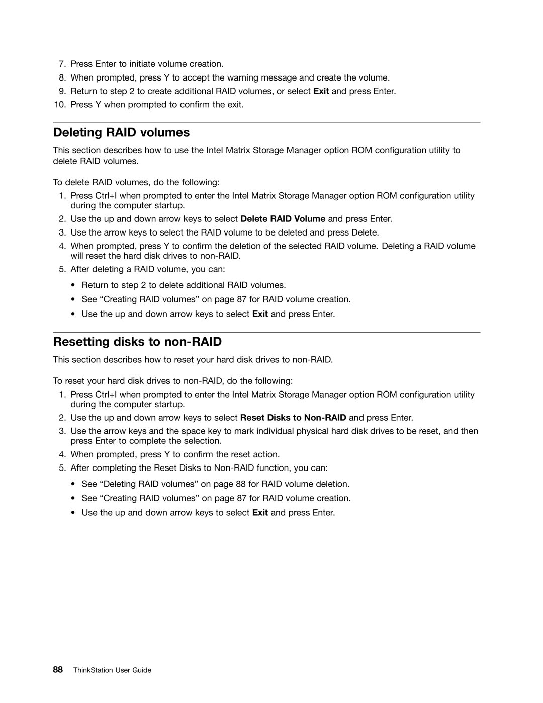 Lenovo 3695, 3688, 3690, 3691, 3693 manual Deleting RAID volumes, Resetting disks to non-RAID 