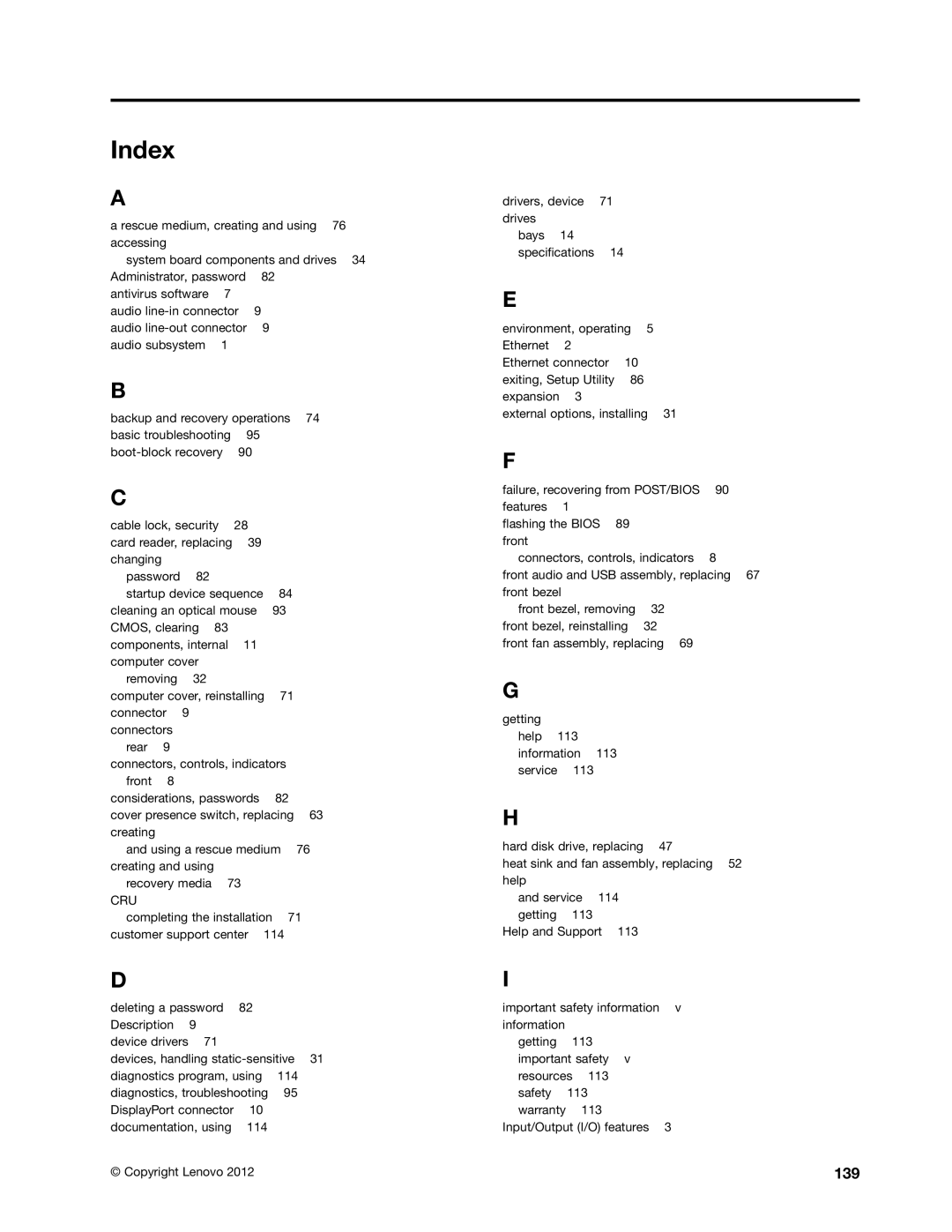 Lenovo 3688, 3695, 3690, 3691, 3693 manual Index, 139 