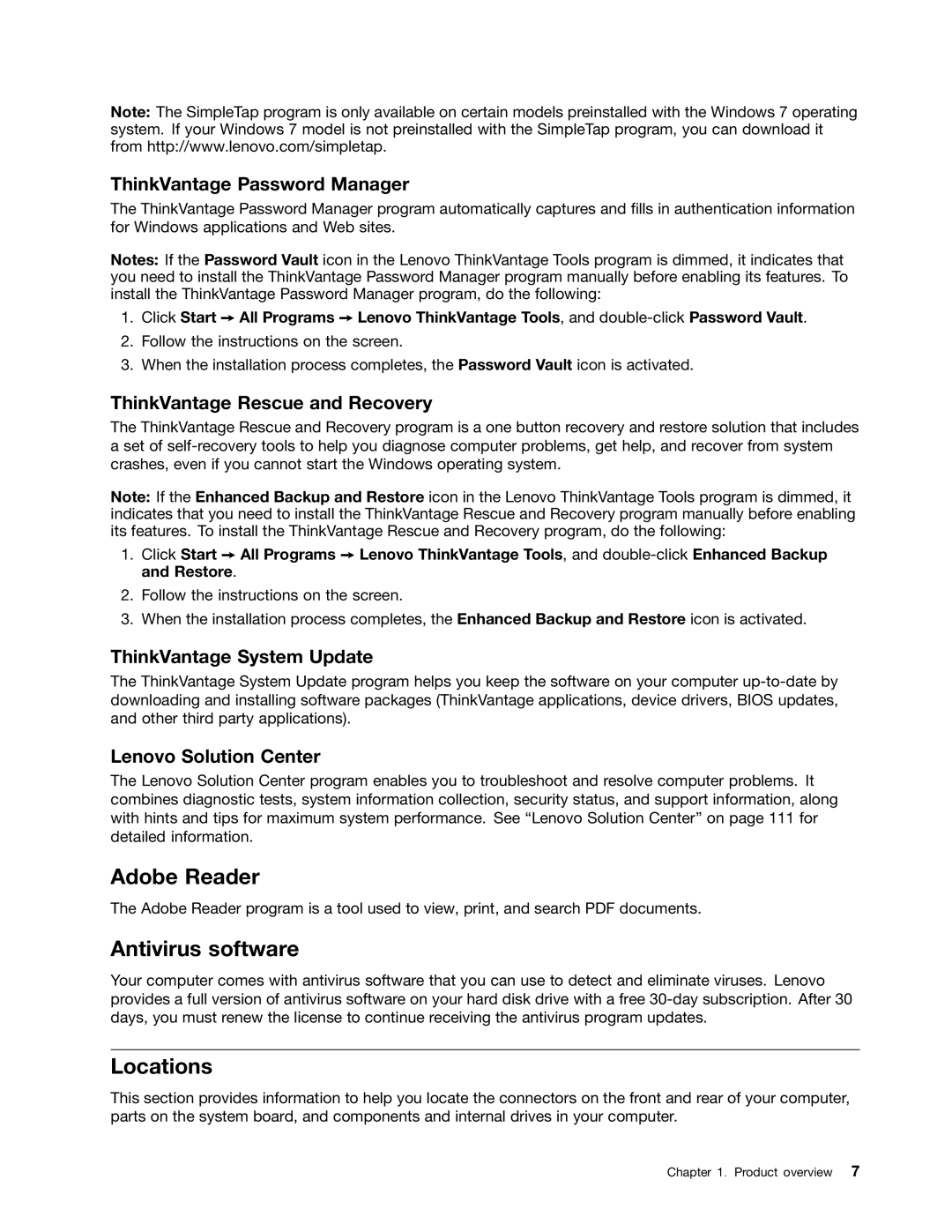 Lenovo 3693, 3695, 3688, 3690, 3691 manual Adobe Reader Antivirus software, Locations 