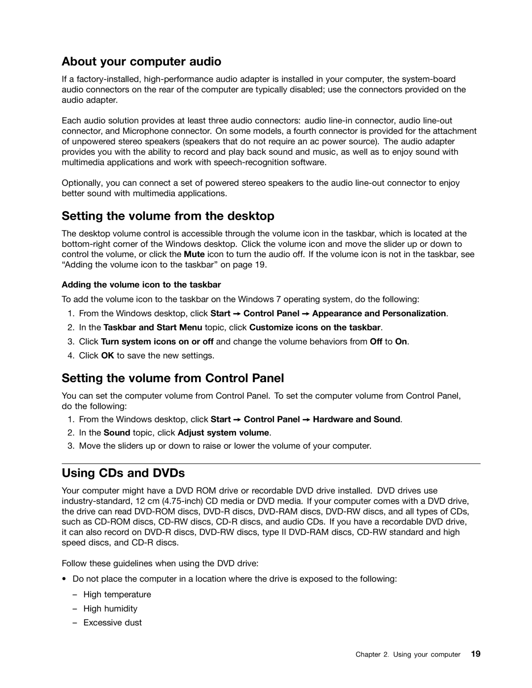 Lenovo 3688, 3695 About your computer audio, Setting the volume from the desktop, Setting the volume from Control Panel 