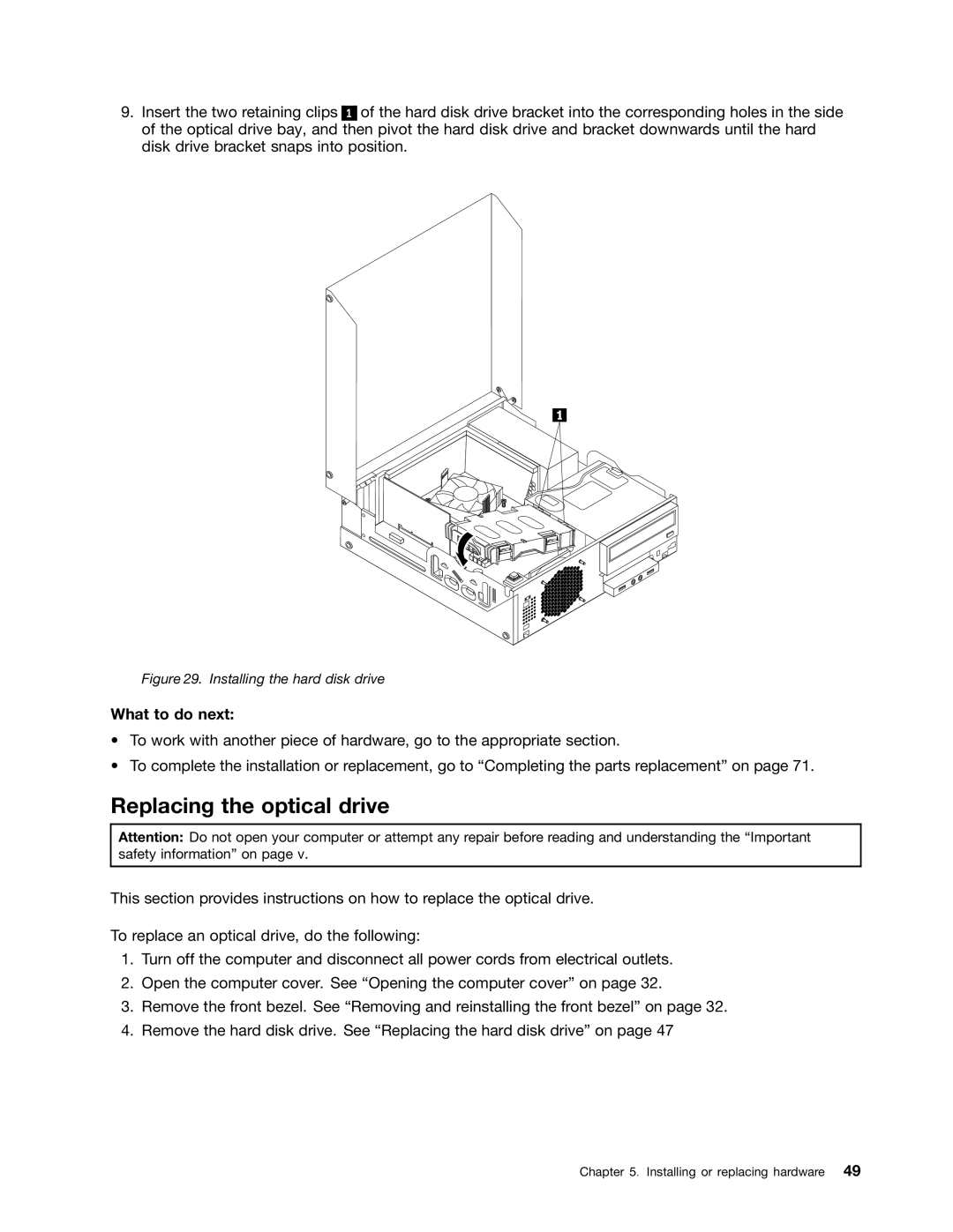 Lenovo 3688, 3695, 3690, 3691, 3693 manual Replacing the optical drive, Installing the hard disk drive 