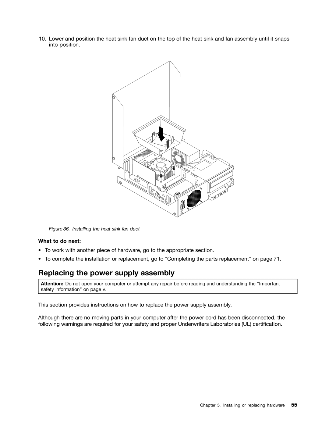 Lenovo 3690, 3695, 3688, 3691, 3693 manual Replacing the power supply assembly, Installing the heat sink fan duct 