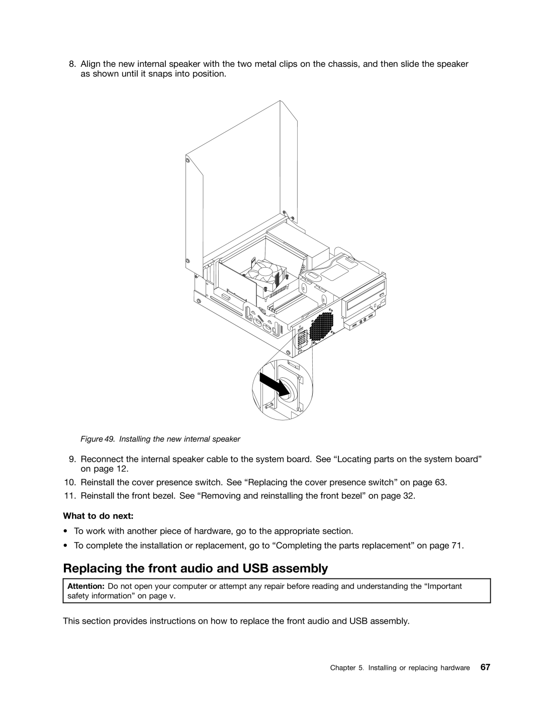 Lenovo 3693, 3695, 3688, 3690, 3691 manual Replacing the front audio and USB assembly, Installing the new internal speaker 