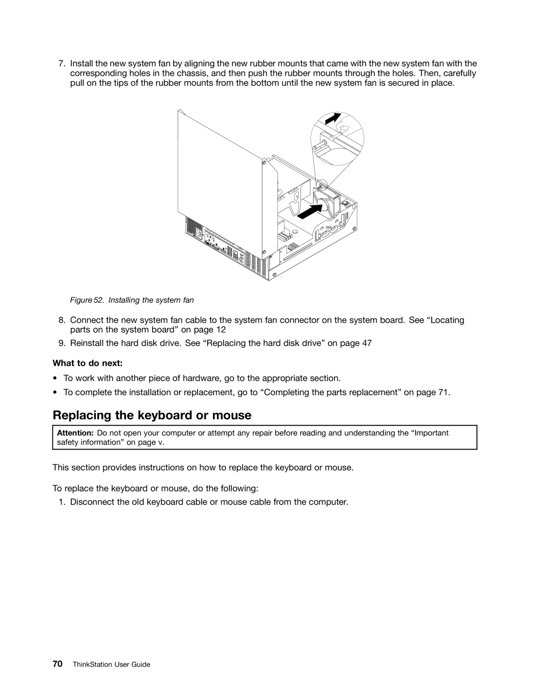 Lenovo 3690, 3695, 3688, 3691, 3693 manual Replacing the keyboard or mouse, Installing the system fan 