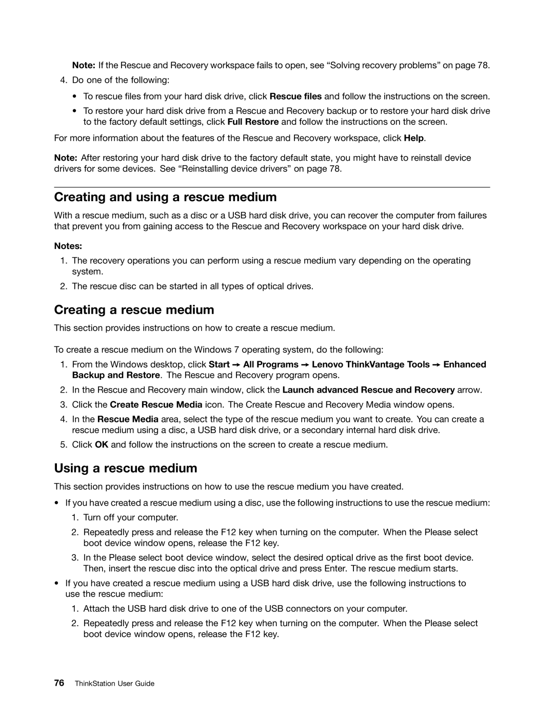 Lenovo 3691, 3695, 3688, 3690, 3693 manual Creating and using a rescue medium, Creating a rescue medium, Using a rescue medium 