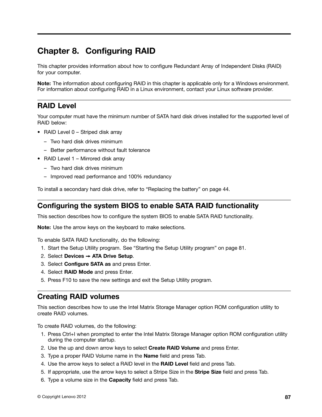 Lenovo 3693, 3695, 3688, 3690, 3691 manual Configuring RAID, RAID Level, Creating RAID volumes, Select Devices ATA Drive Setup 