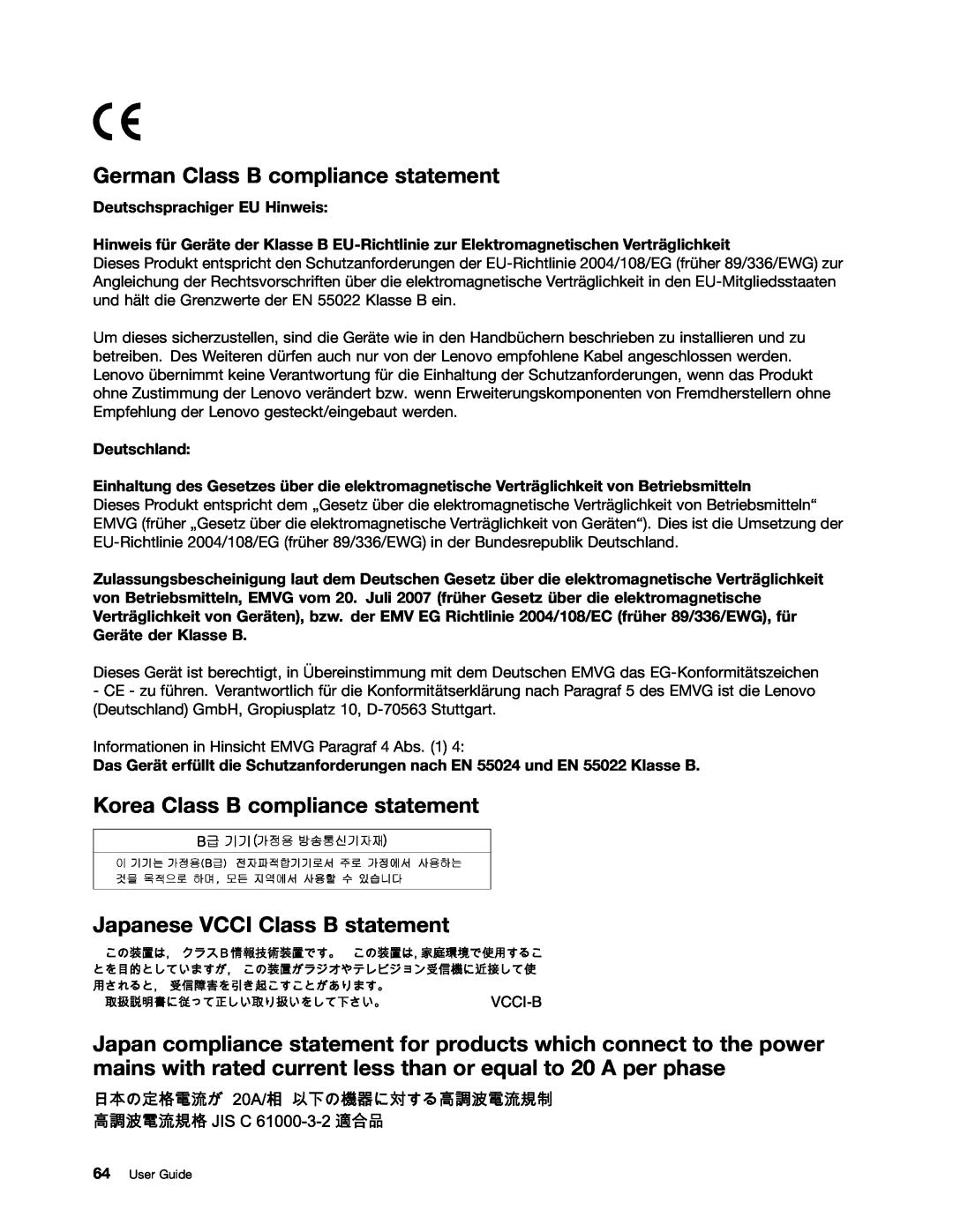 Lenovo 36984LU German Class B compliance statement, Korea Class B compliance statement, Japanese VCCI Class B statement 