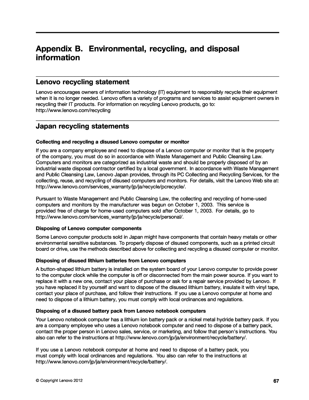 Lenovo 370245U, 36984UU Lenovo recycling statement, Japan recycling statements, Disposing of Lenovo computer components 