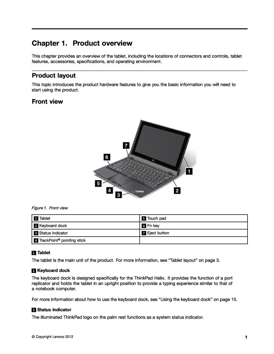 Lenovo 370245U, 36984UU, 36984RU manual Product overview, Product layout, Front view, Tablet, Keyboard dock, Status indicator 