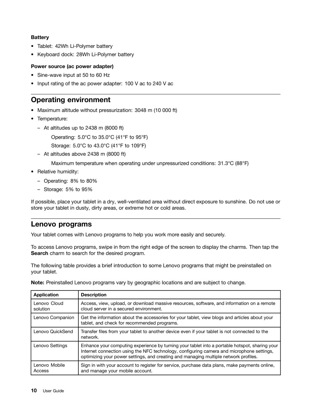 Lenovo 37023SU Operating environment, Lenovo programs, Battery, Power source ac power adapter, Application Description 