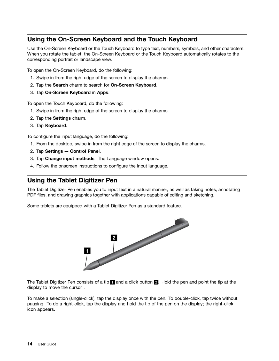 Lenovo 36984UU, 36984RU Using the On-Screen Keyboard and the Touch Keyboard, Using the Tablet Digitizer Pen, Tap Keyboard 