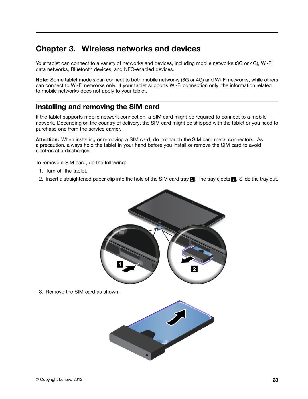 Lenovo 370245U, 36984UU, 36984RU, 369724U, 36984MU manual Wireless networks and devices, Installing and removing the SIM card 