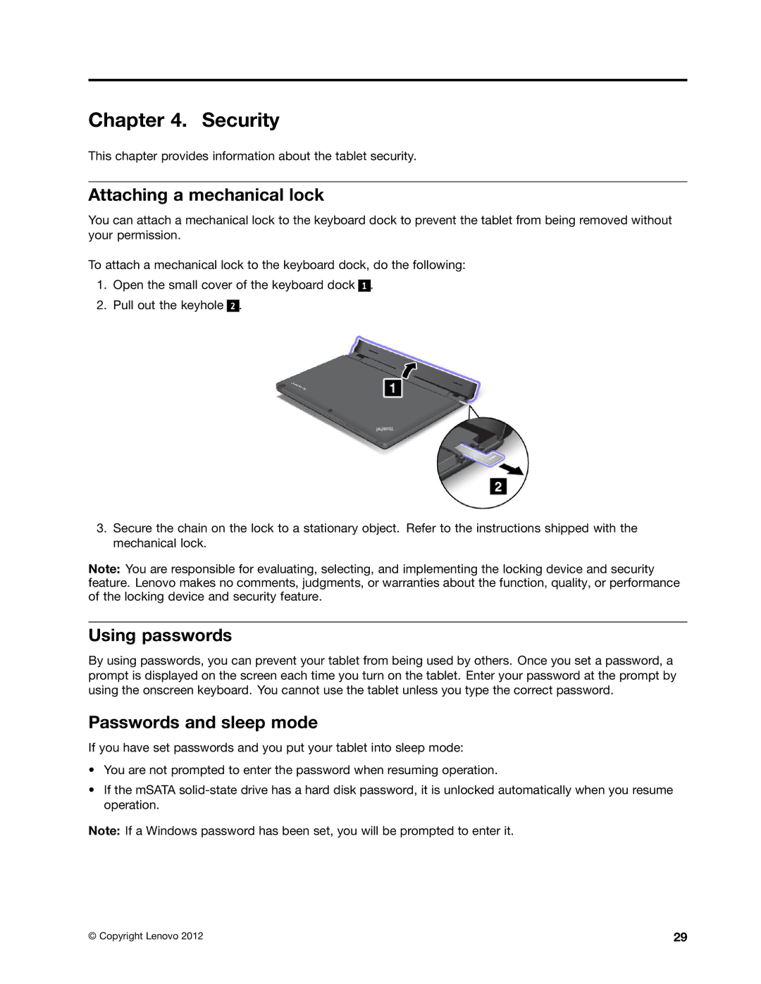 Lenovo 36984QU, 36984UU, 36984RU, 369724U Security, Attaching a mechanical lock, Using passwords, Passwords and sleep mode 