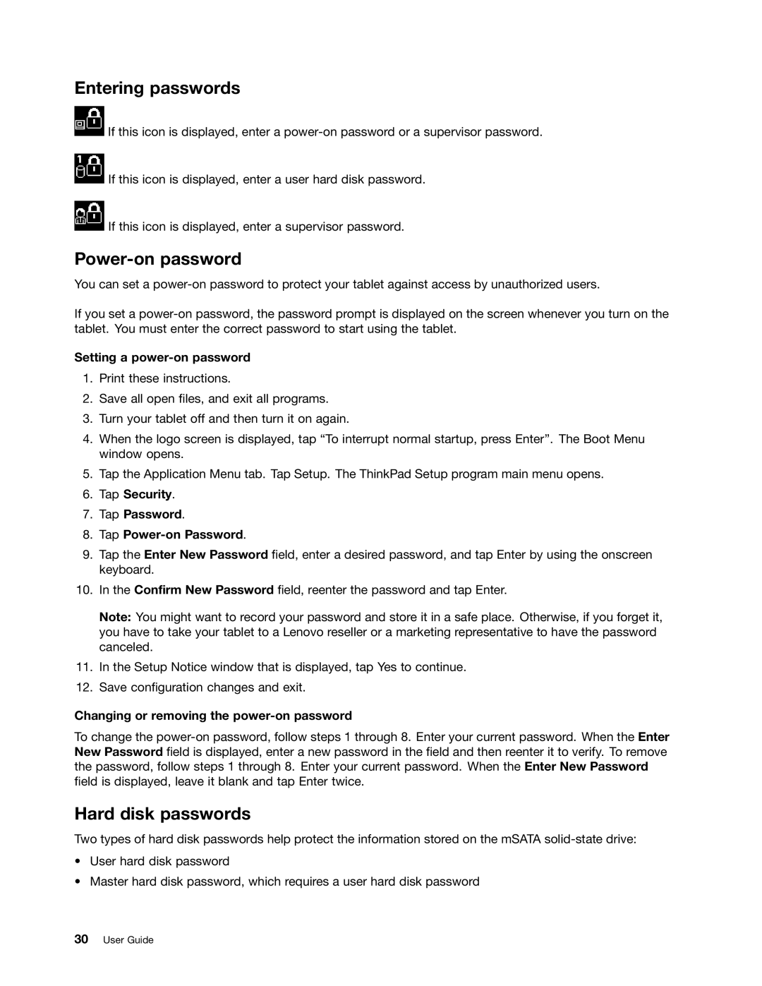 Lenovo 370133U, 36984UU, 36984RU, 369724U, 36984MU, 36984QU, 36984LU Entering passwords, Power-on password, Hard disk passwords 