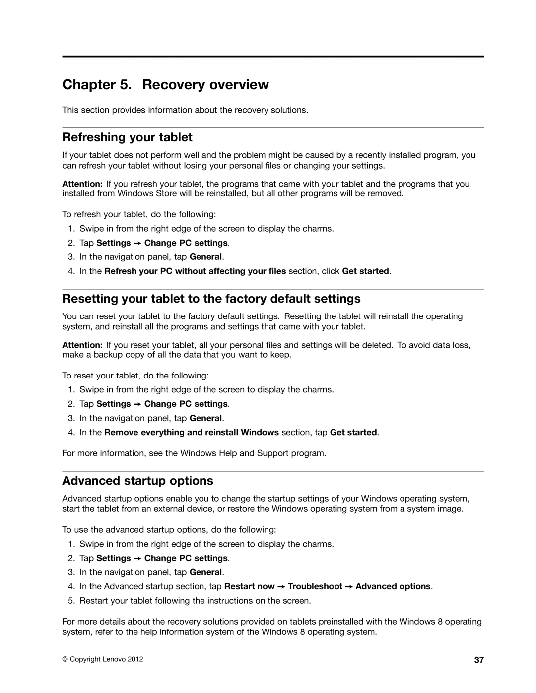 Lenovo 36984RU, 36984UU Recovery overview, Refreshing your tablet, Resetting your tablet to the factory default settings 