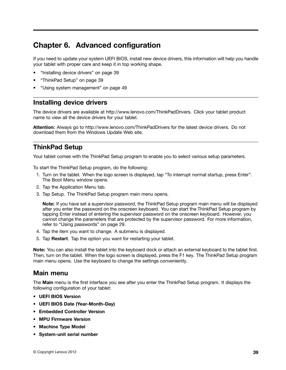 Lenovo 36984MU, 36984UU, 36984RU, 369724U manual Advanced configuration, Installing device drivers ThinkPad Setup, Main menu 
