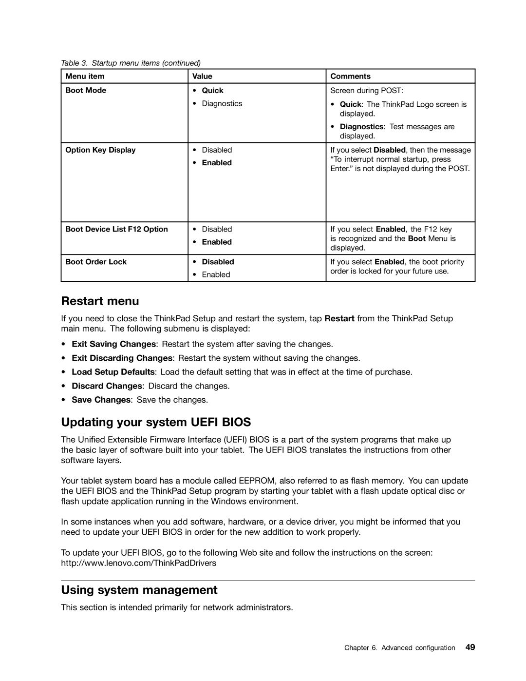 Lenovo 369724U, 36984UU, 36984RU, 36984MU, 36984QU manual Restart menu, Updating your system Uefi Bios, Using system management 