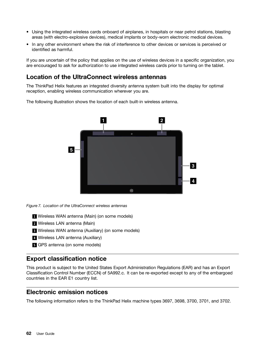 Lenovo 36984QU Location of the UltraConnect wireless antennas, Export classification notice, Electronic emission notices 