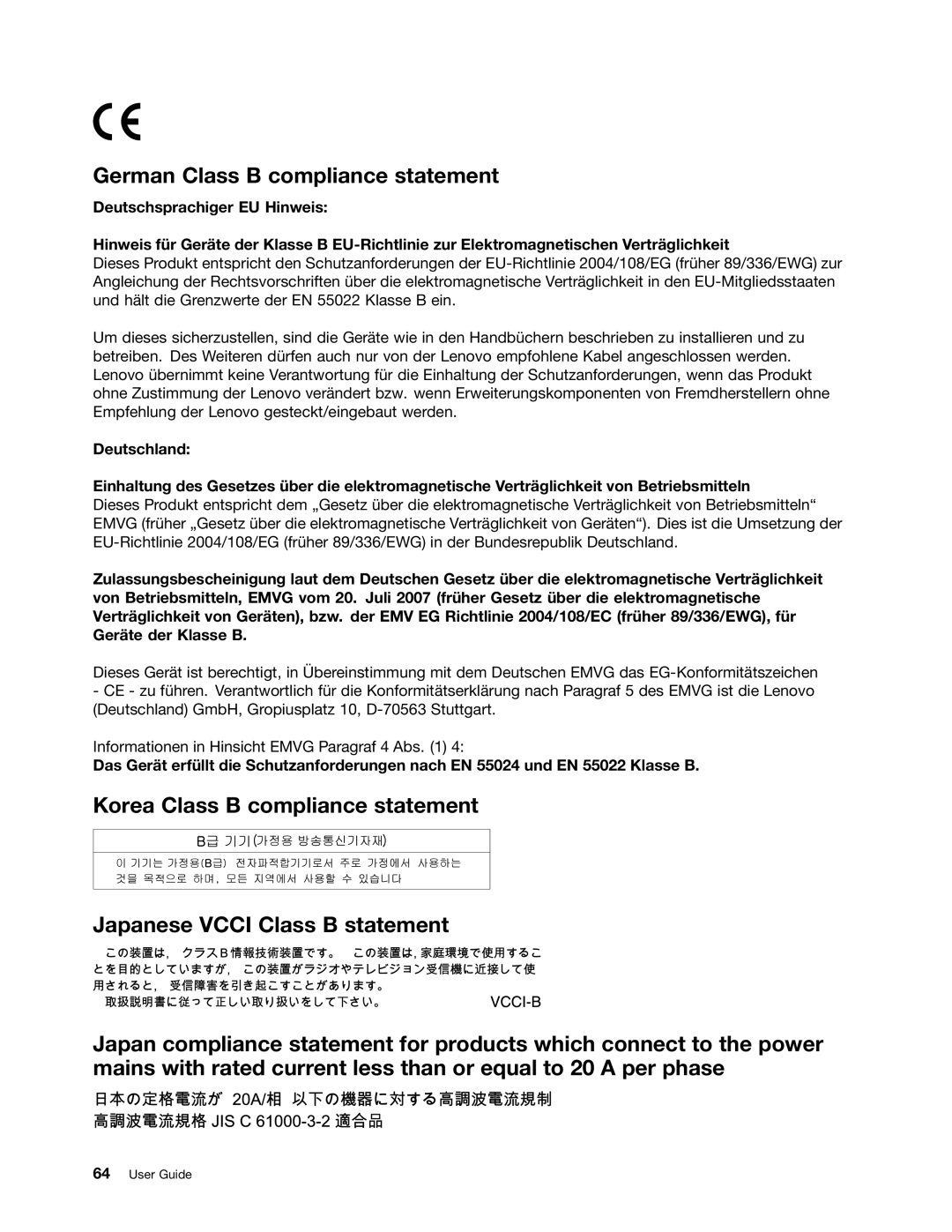 Lenovo 36984LU, 36984UU, 36984RU, 369724U, 36984MU, 36984QU, 370133U, 37023SU, 36984SU manual German Class B compliance statement 