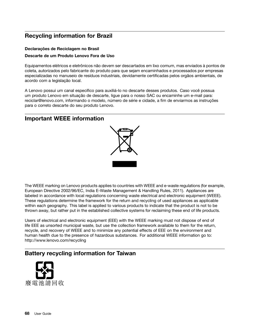 Lenovo EX624405 Recycling information for Brazil, Important Weee information, Battery recycling information for Taiwan 