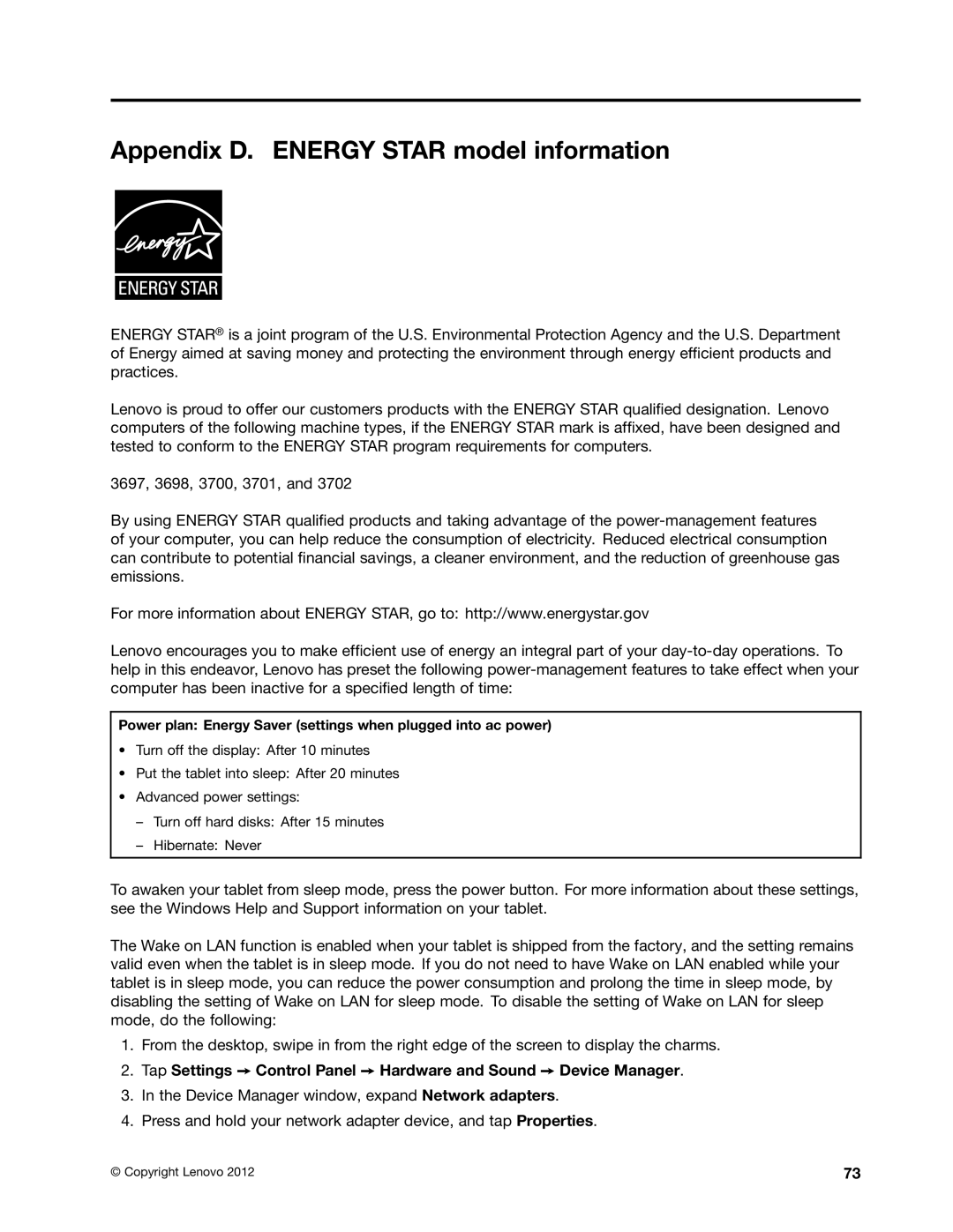 Lenovo 36984QU Appendix D. Energy Star model information, Power plan Energy Saver settings when plugged into ac power 