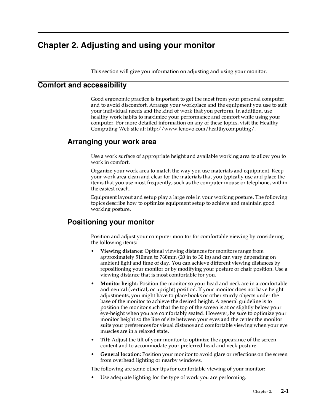 Lenovo 3794HB1 user manual Adjusting and using your monitor, Comfort and accessibility Arranging your work area 